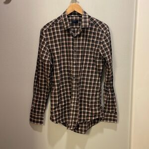 Lanvin mens brown and red checkered button down king sleeve shirt